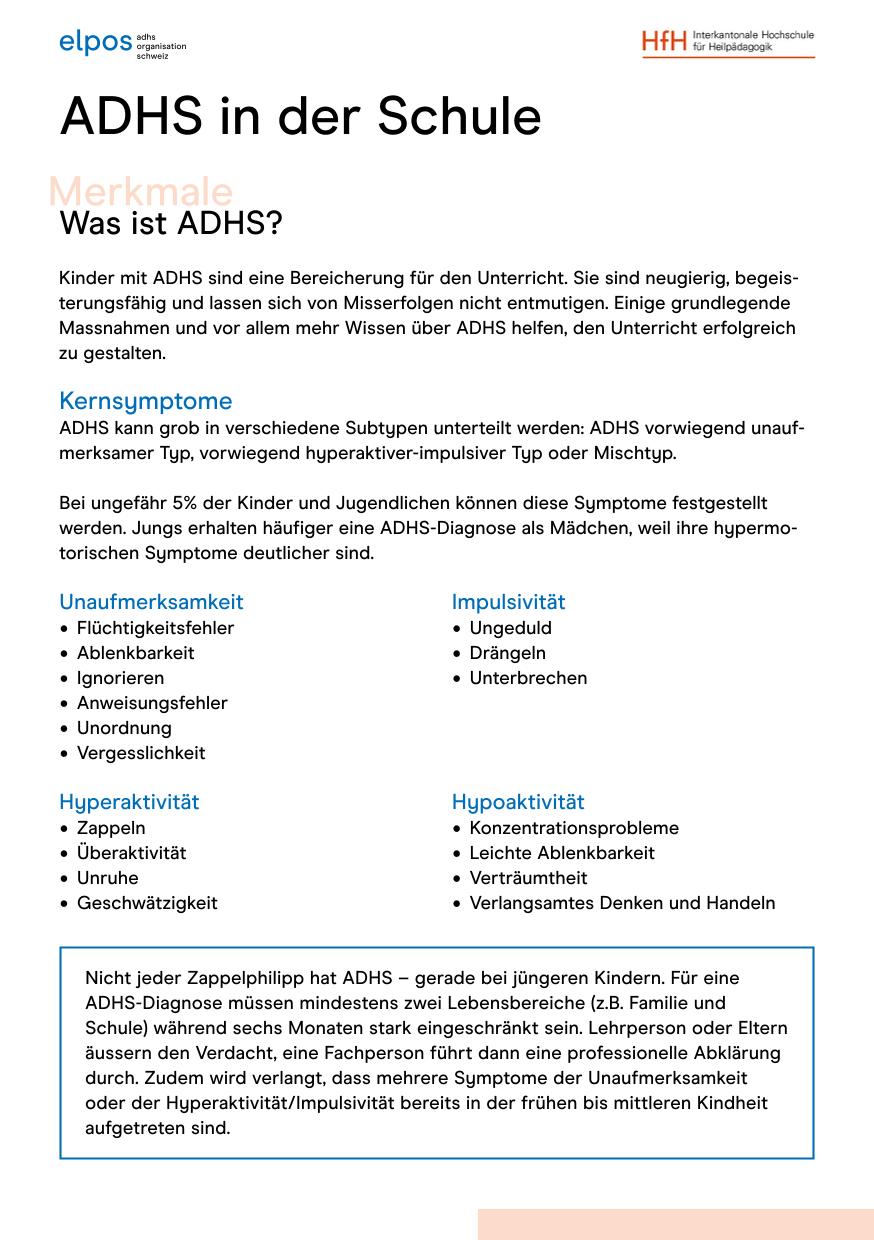 Merkblatt "ADHS in der Schule" für Lehrpersonen